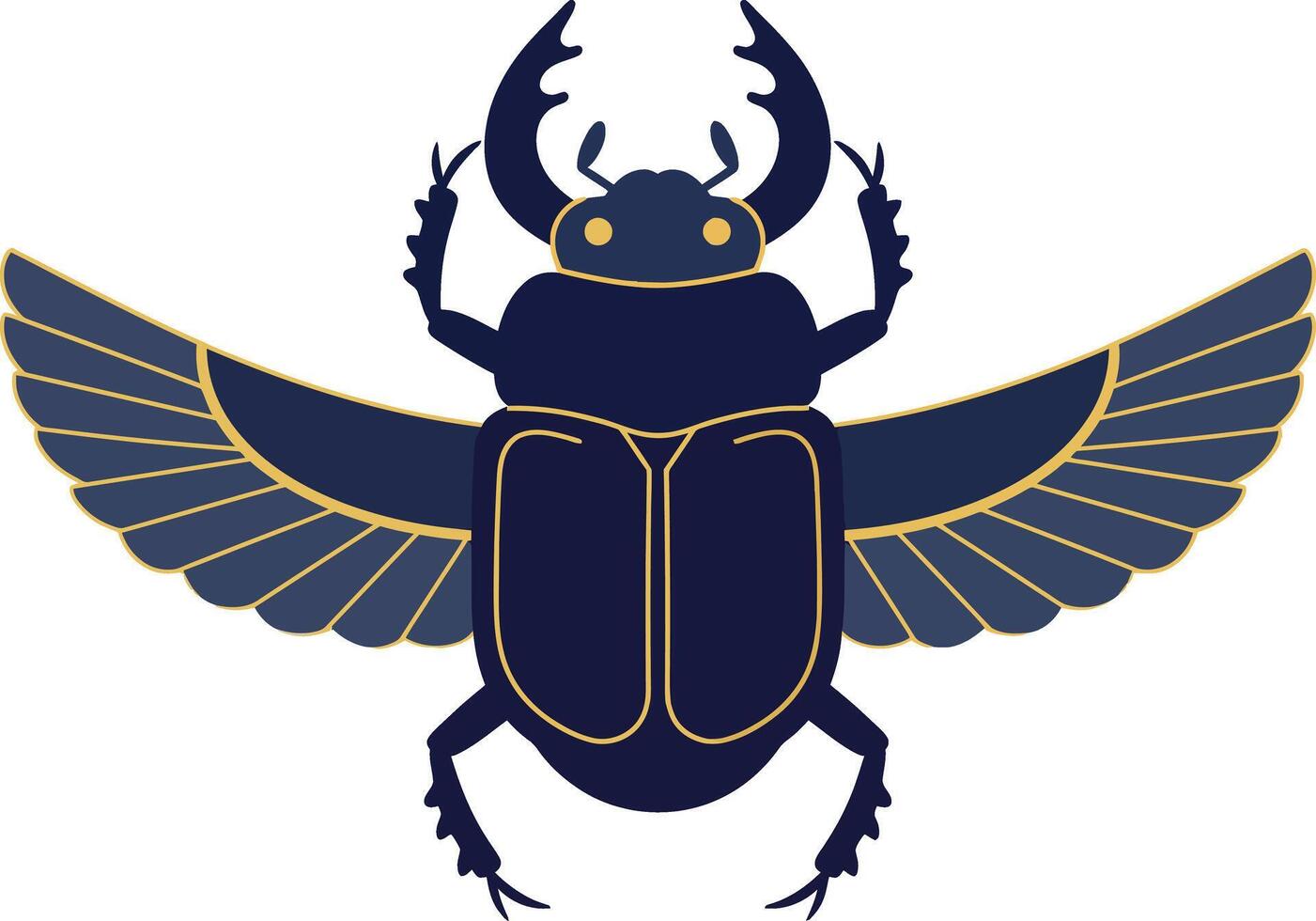 Scarab beetle with extended wings illustration in navy and gold colors insect symbol design vector