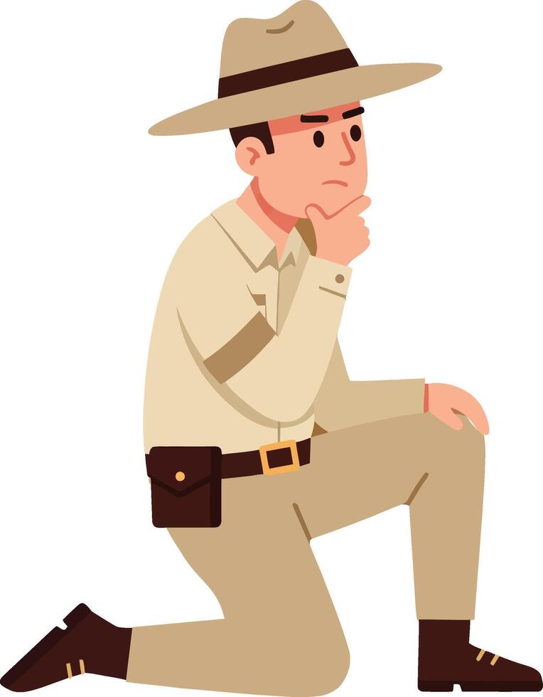 Male explorer in vintage outfit kneeling and thinking deeply on white background illustration vector