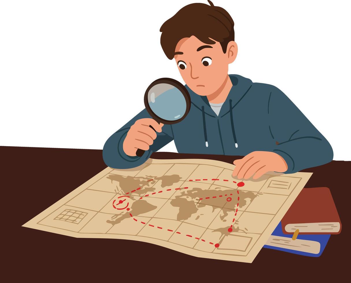 Young man studying world map with magnifying glass focused on travel planning and exploration concept illustration vector