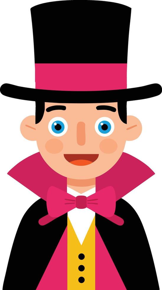Male magician character with black top hat and pink bow tie cheerful expression illustration vector