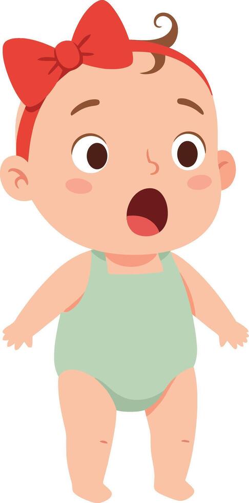 Baby girl with red bow surprised expression wearing green romper illustration vector
