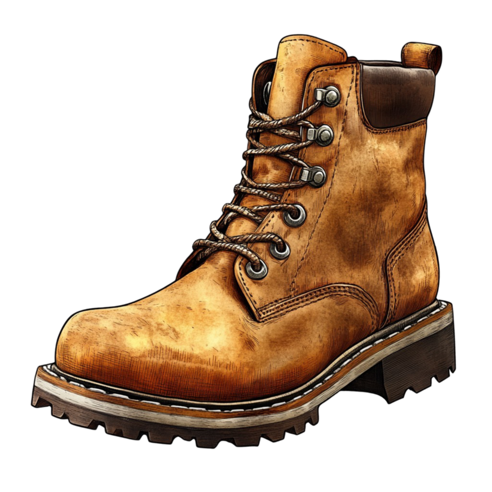 Worn Out Work Boots with Scratches and Mud Tough Footwear png