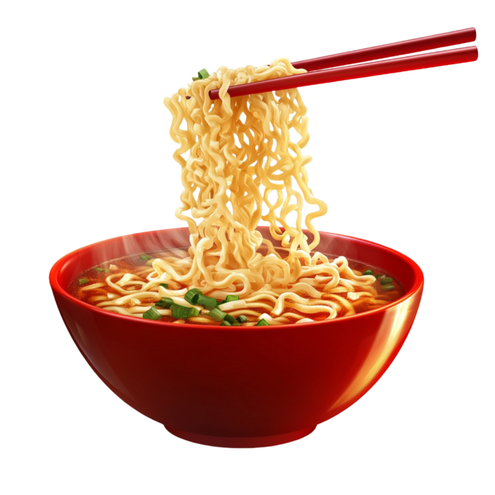 Stir Fried Noodles in Red Bowl with Chopsticks Traditional Asian Food png