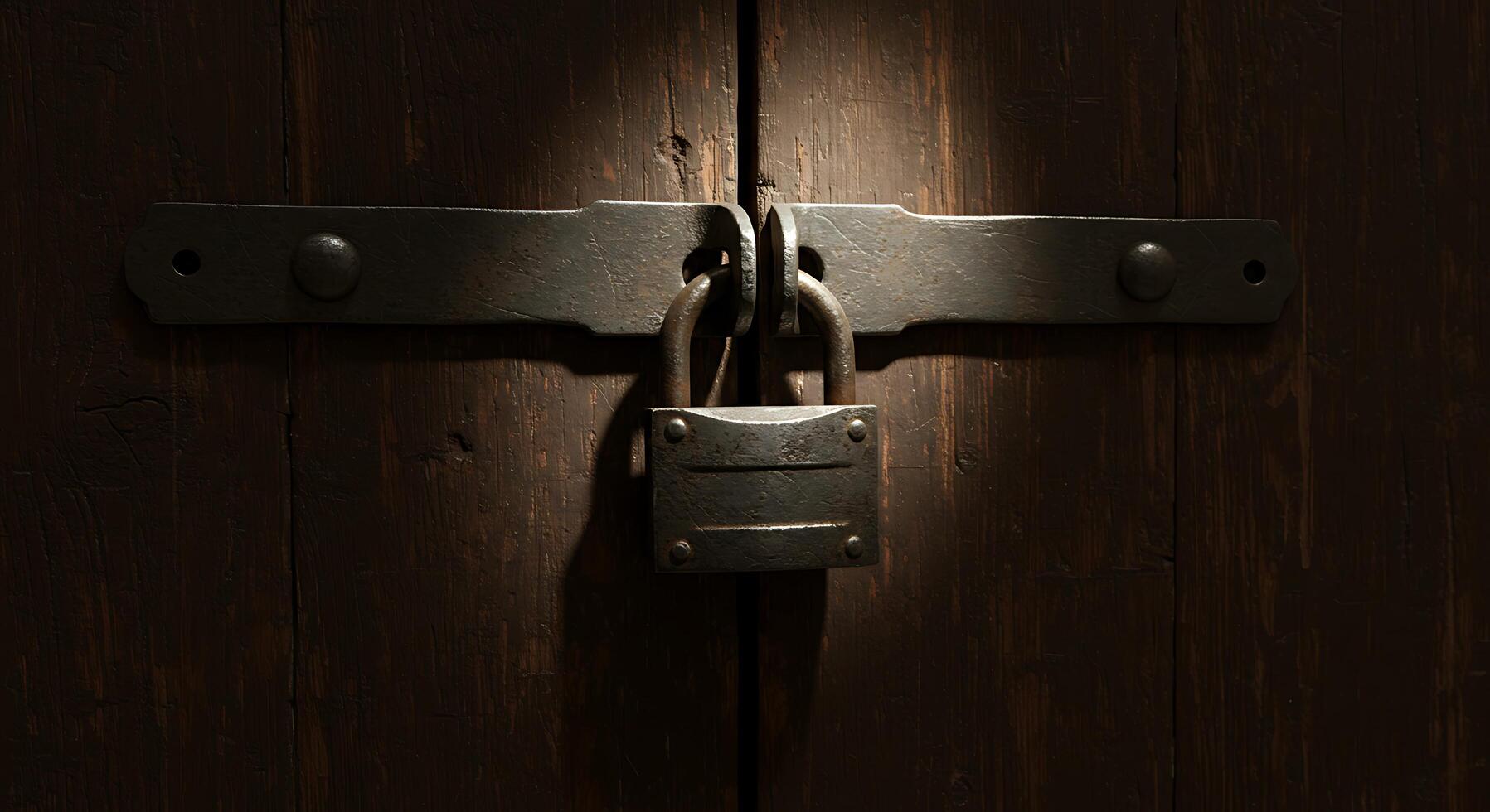 A padlock is on a wooden door photo
