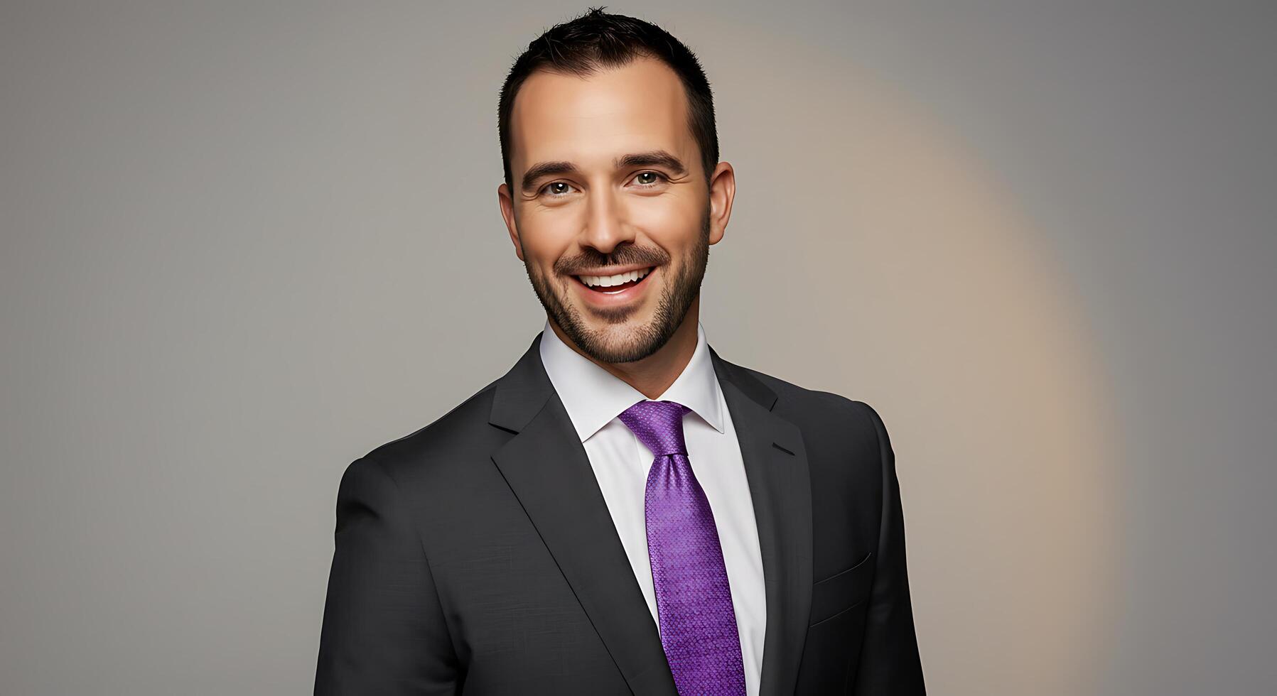 A man in a suit and purple tie smiling photo