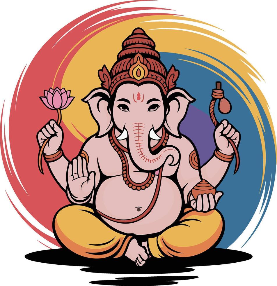 Meditative ganesha in colorful swirl background vector