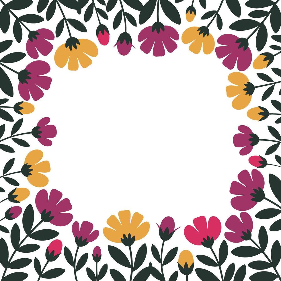 Floral Frame with Purple Yellow Flowers and Green Leaves vector
