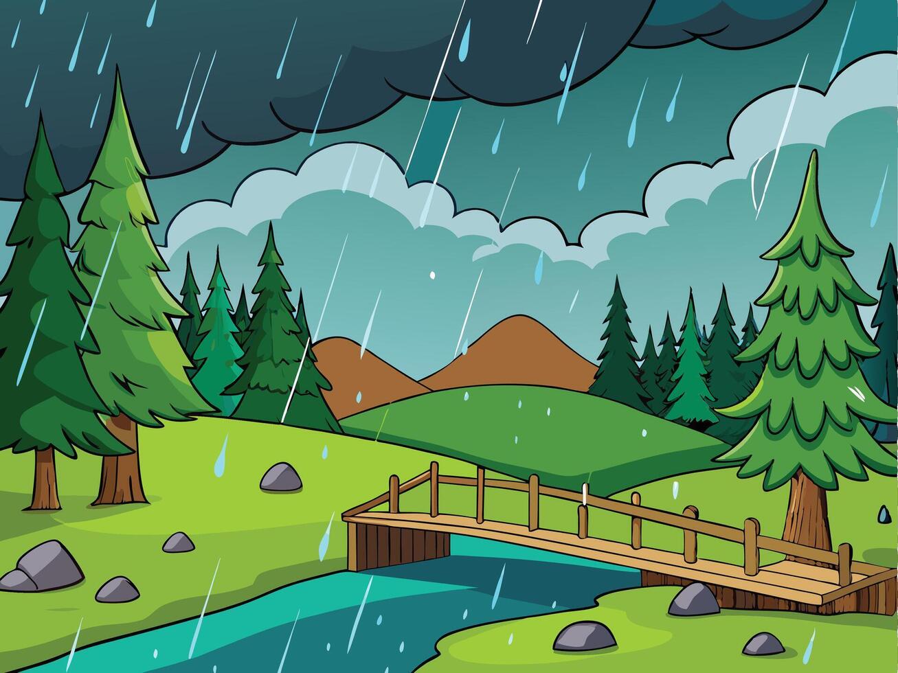 Rainy Day in a Lush Green Forest with a Wooden Bridge vector