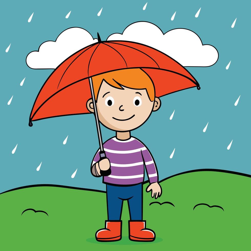 Happy Boy with Orange Umbrella in Rainy Weather vector