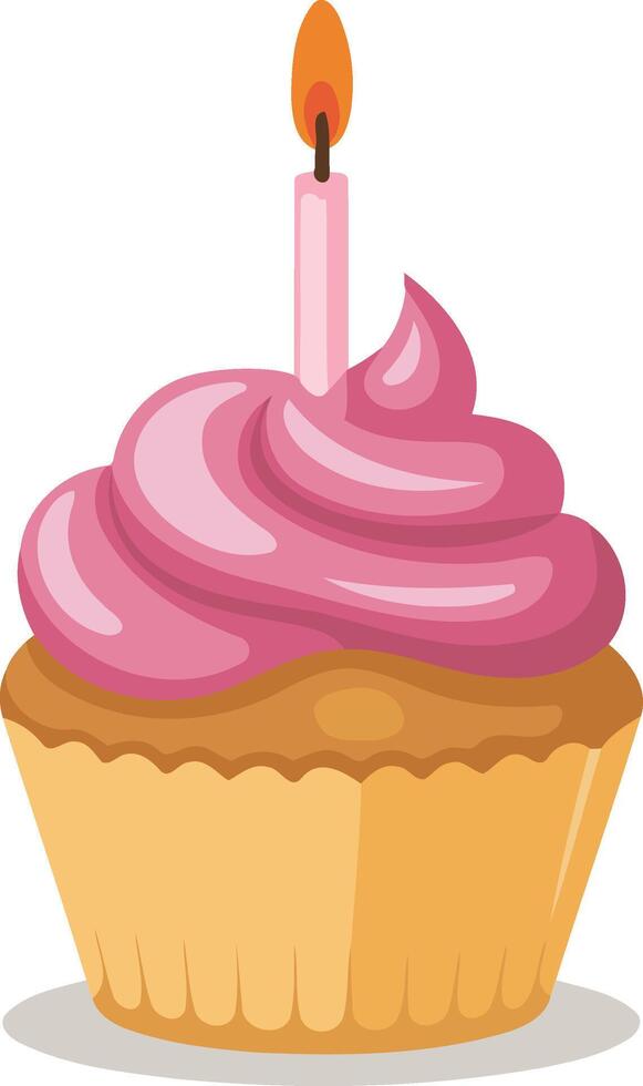 Pink Birthday Cupcake with Burning Candle Illustration vector