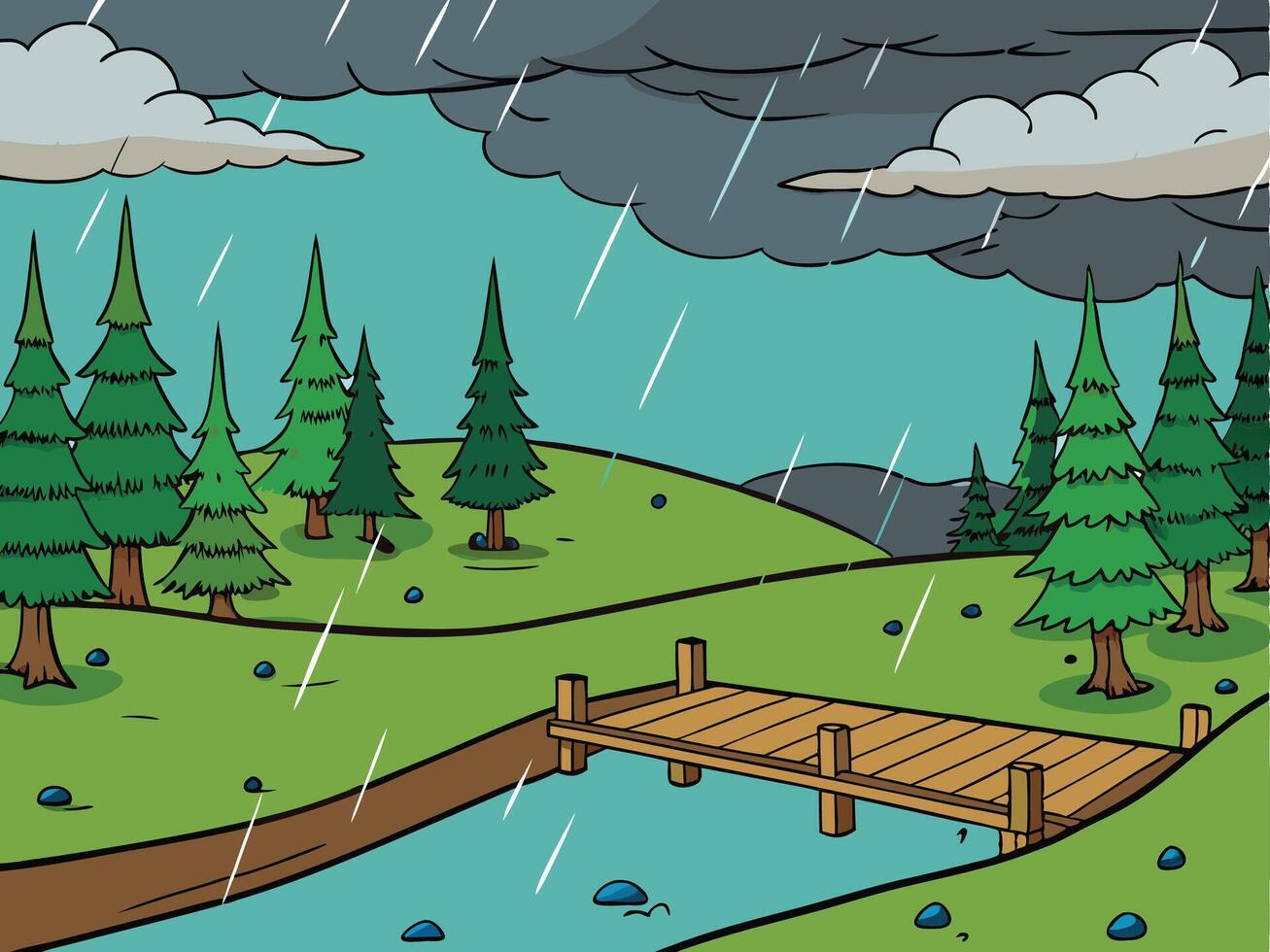 Rainy Day Scene at a Wooden Dock in a Coniferous Forest vector