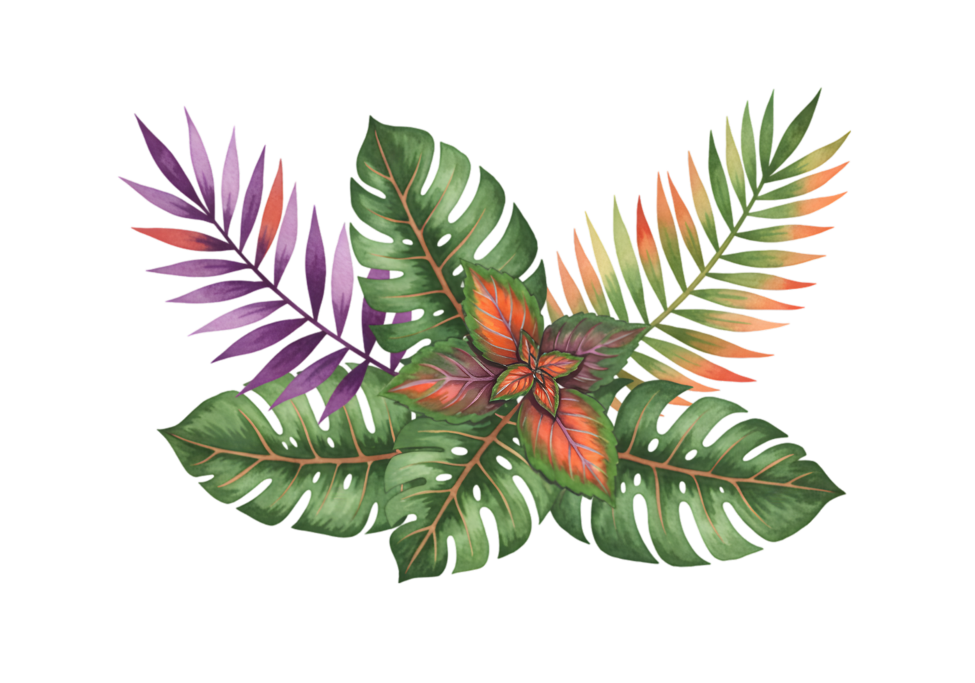 Exotic floral and foliage arrangement with purple, red, and green tropical leaves for decoration png