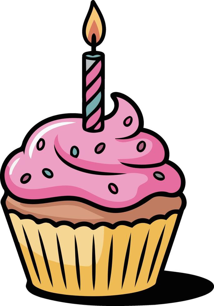 Pink frosted cupcake with a candle, hand drawn cartoon illustration, cute and festive vector