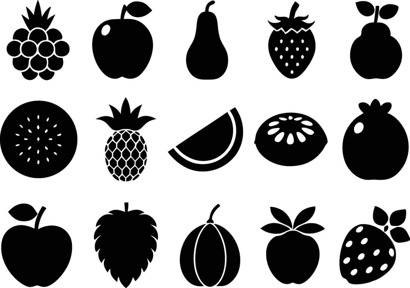 Black Silhouette Summer Fruit Icons, Assorted Shapes of Pineapple, Apple, Pear, Strawberry, and More vector