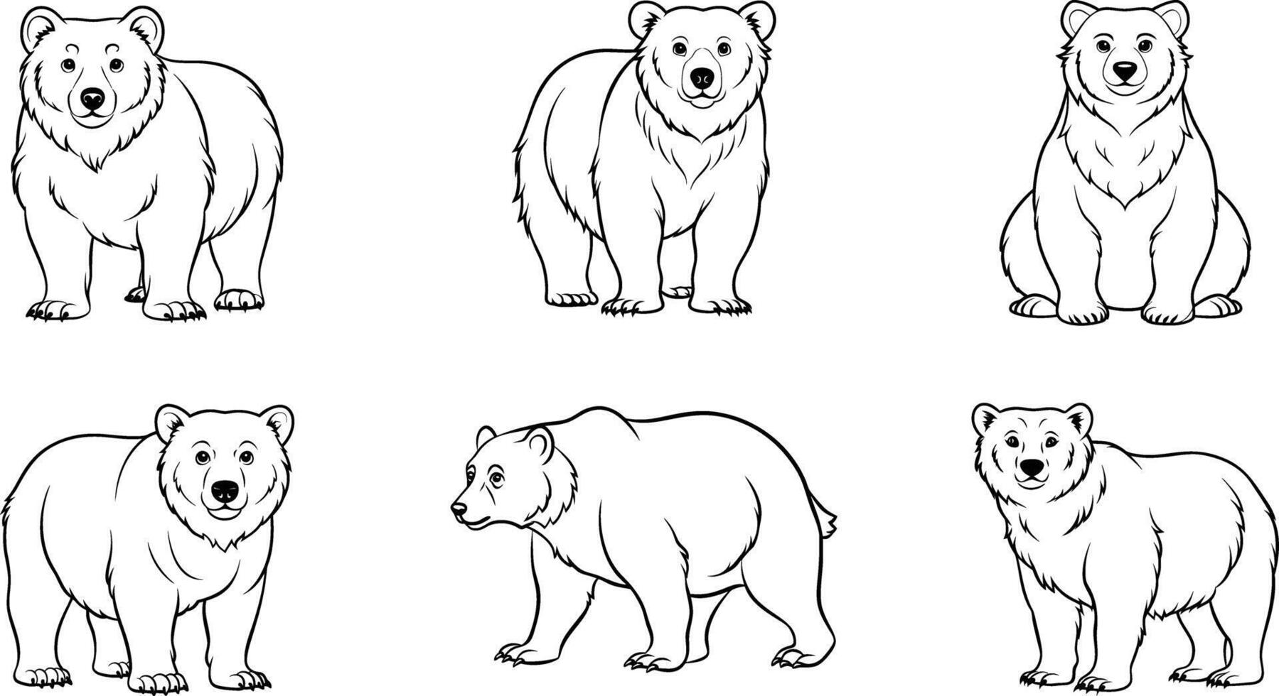 Collection of Six Line Art Bear Illustrations in Various Poses vector