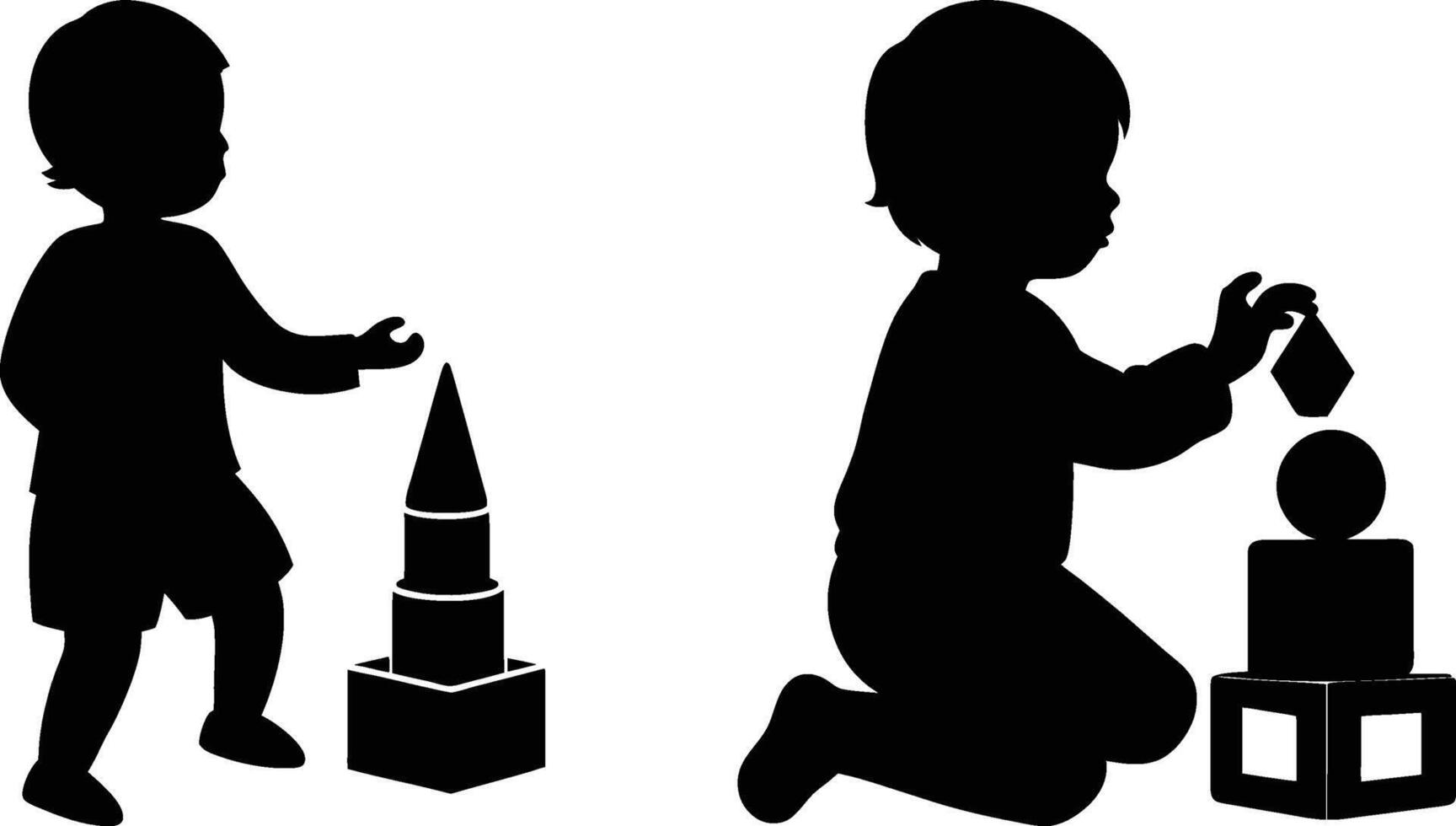 Black silhouette toddlers playing with building blocks, two scenes of children stacking toys black and white illustration vector