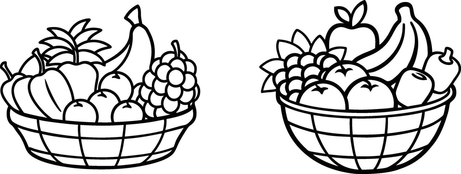 Two Black and White Line Drawings of Fruit Baskets vector