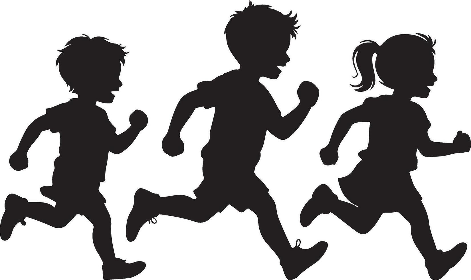 Silhouette of Three Children Joyfully Running Together vector
