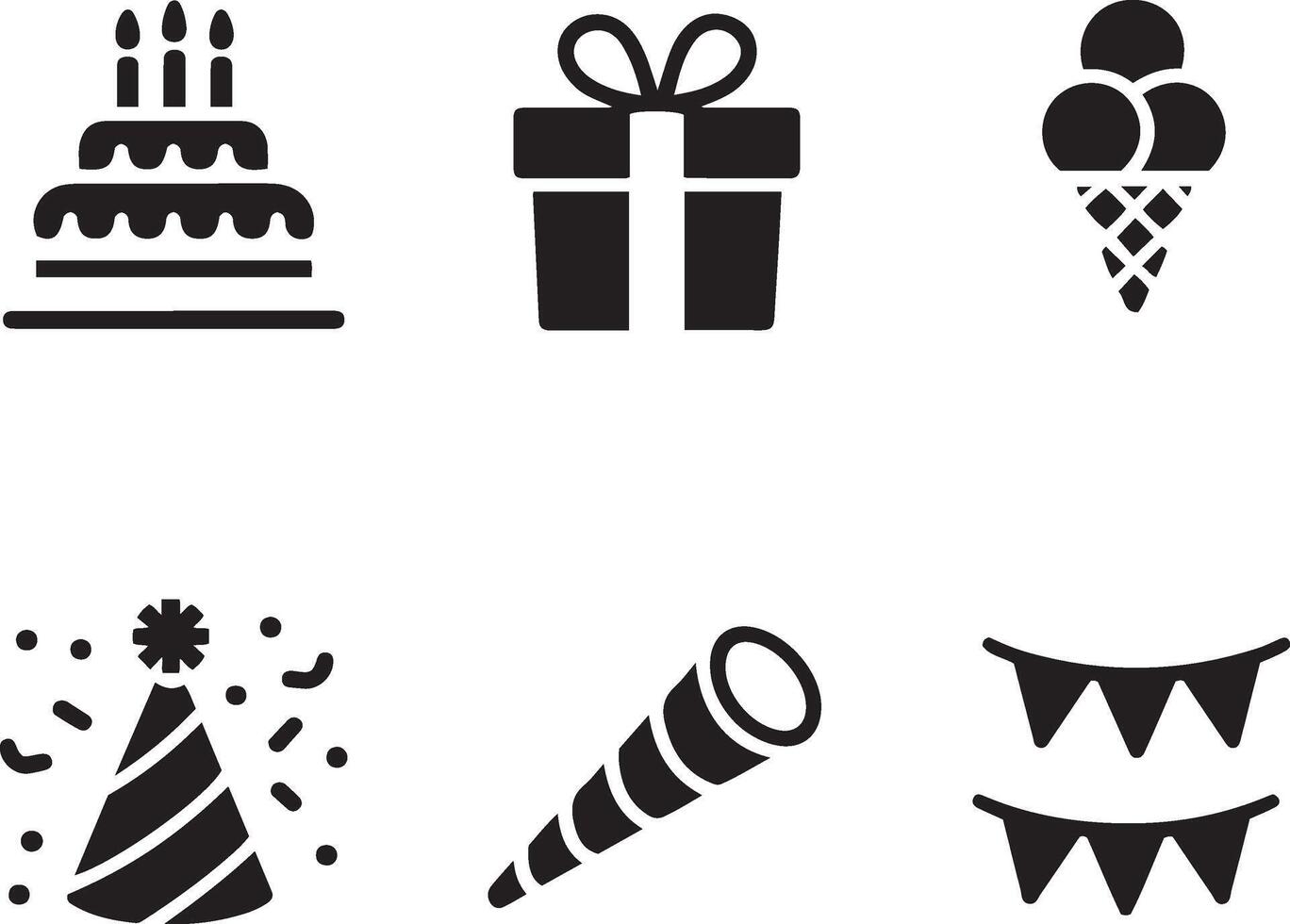 Birthday party icons set, cake, gift box, ice cream, party hat, noise maker, bunting banner vector