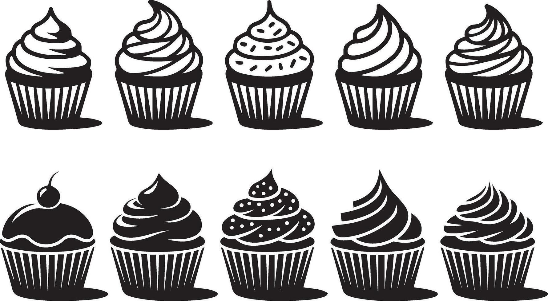 Collection of Black and White Cupcake Silhouettes vector
