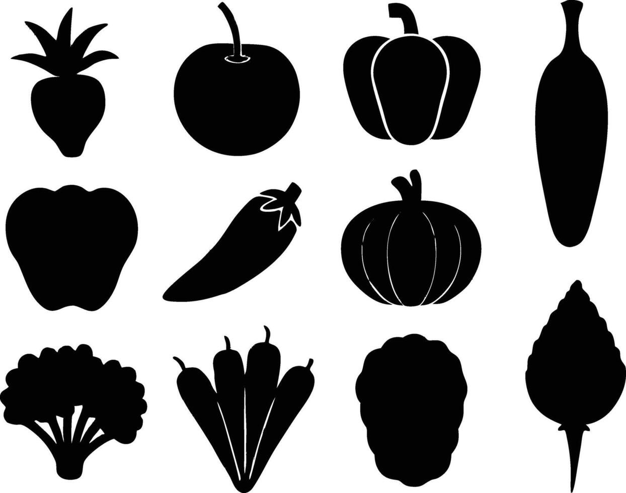 Collection of Black Silhouette Vegetable and Fruit Icons vector