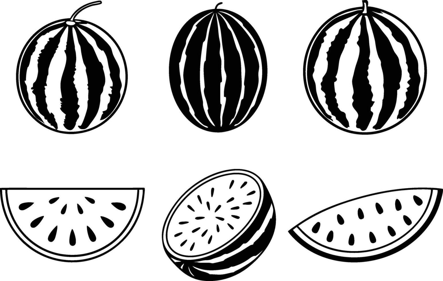 Black and White Watermelon Icons, Whole, Halved, and Sliced Fruit Illustration vector