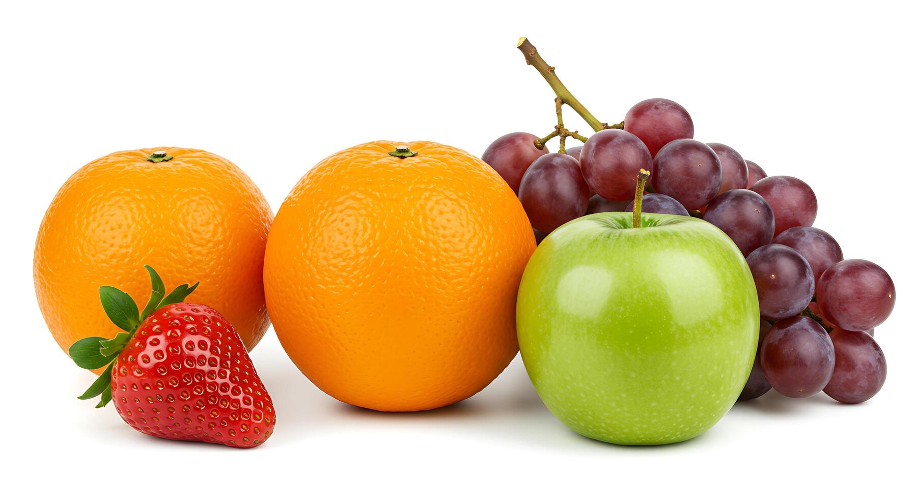A group of oranges, grapes, and strawberries photo