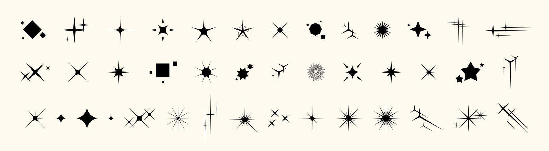Retro star icon set with shiny spark, burst, and glitter effects. Y2K elements featuring bright glow, magic twinkle, and abstract design. Perfect for logos, signs, or festive decor. vector