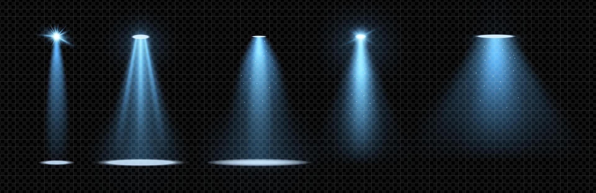 Blue spotlight set with glowing beams on dark background. Realistic volumetric effect for stage, concert or nightclub scenes. Sparkling glare and flash for dynamic entertainment design. vector