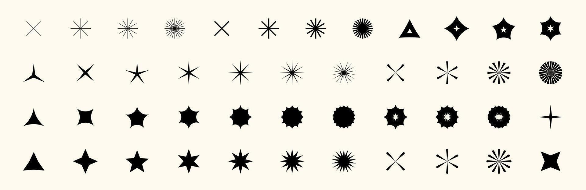 Shiny star icon set with sparkling light and glittering burst. Retro y2k elements with magic twinkle, abstract flare, and vintage glow. Perfect for festive decoration or graphic design. vector