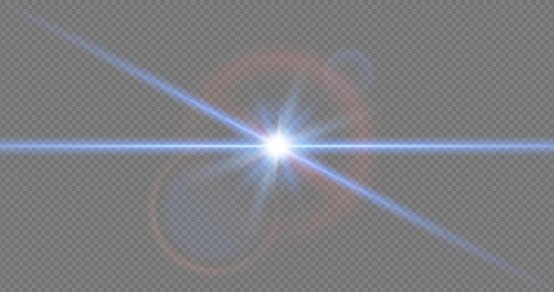 Blue neon flare with bright glow and sparkling beams on dark background. Realistic effect for digital or concert design. Shiny lens glare and optical streak for futuristic visuals. vector