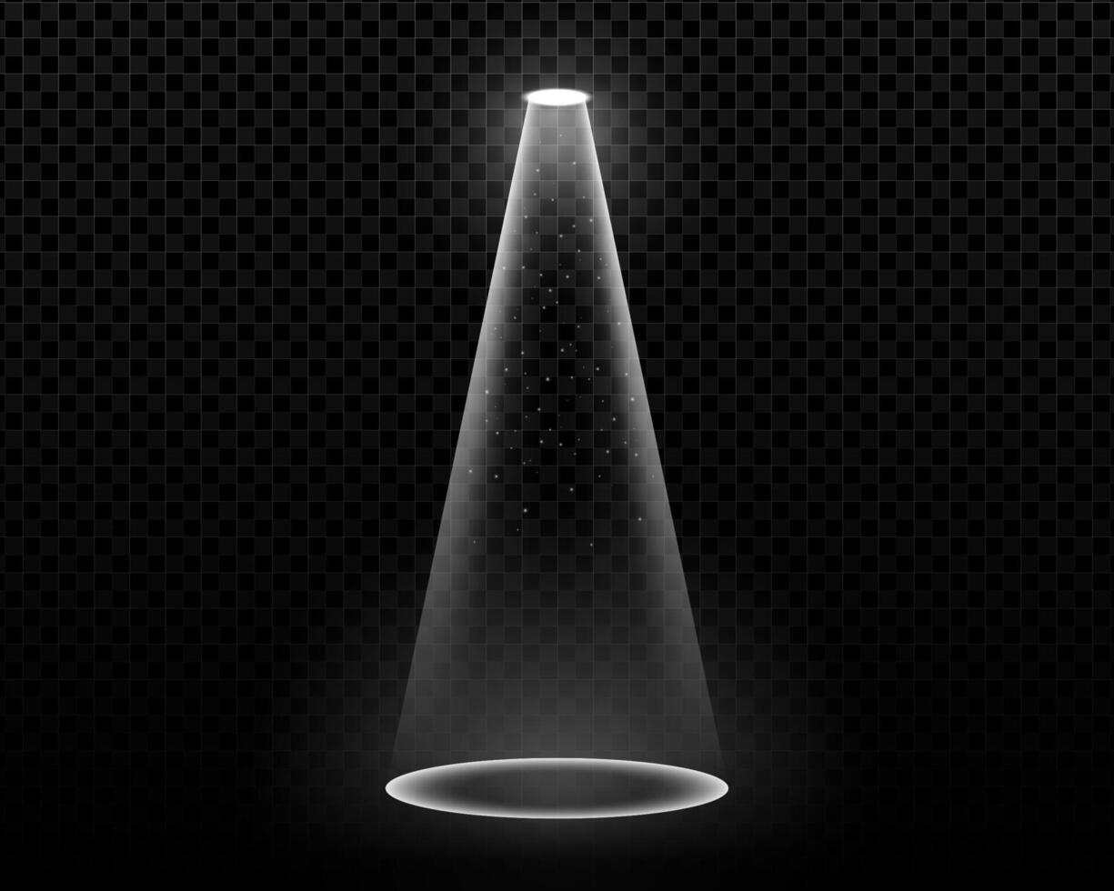 Bright laser spotlight beam on dark stage background. illustration with glowing effect. Perfect for concert lighting, nightclub scenes or party decoration. vector