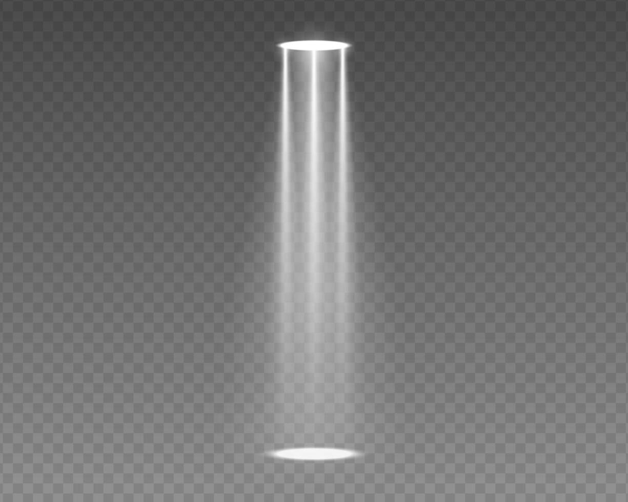 Bright stage spotlight beam with realistic glow on dark background. illustration for concert lighting, nightclub scenes or party events. Neon effect with glitter and sparkling flare. vector