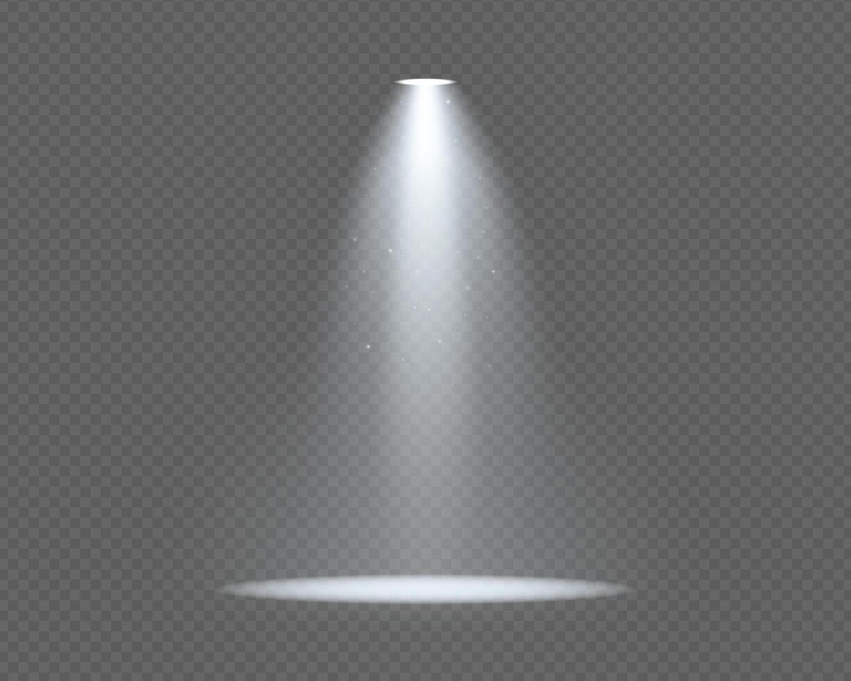 Spotlight beam on dark stage with glowing effect. illustration of bright light ray, projector glow, and transparent shine. Ideal for concert, theater, club, or festive scenes. vector