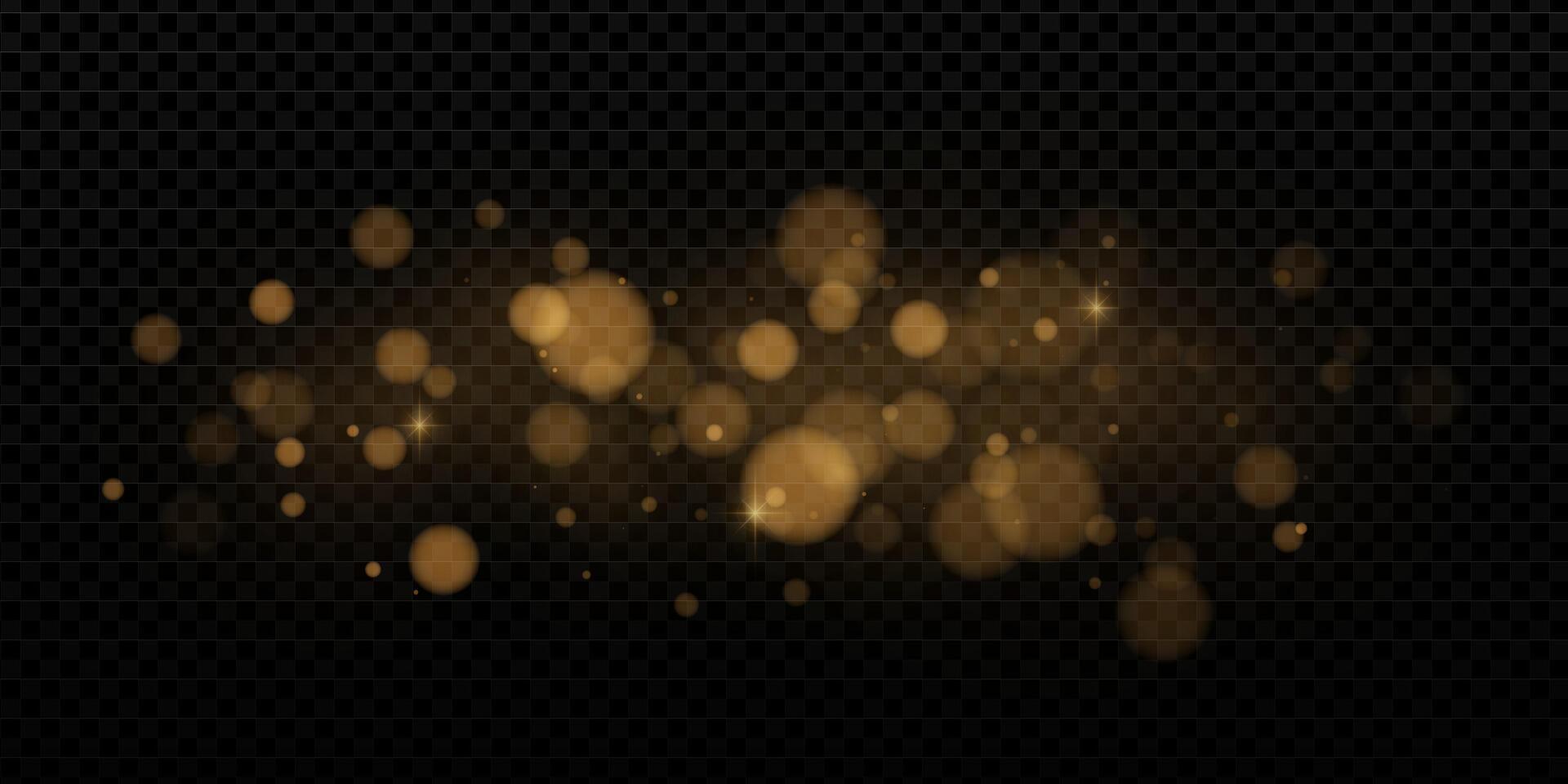 Golden glitter and sparkling light effect on dark background. Abstract festive bokeh with bright shine and magic glow. dust particles and confetti with luxury shimmer and soft radiance. vector