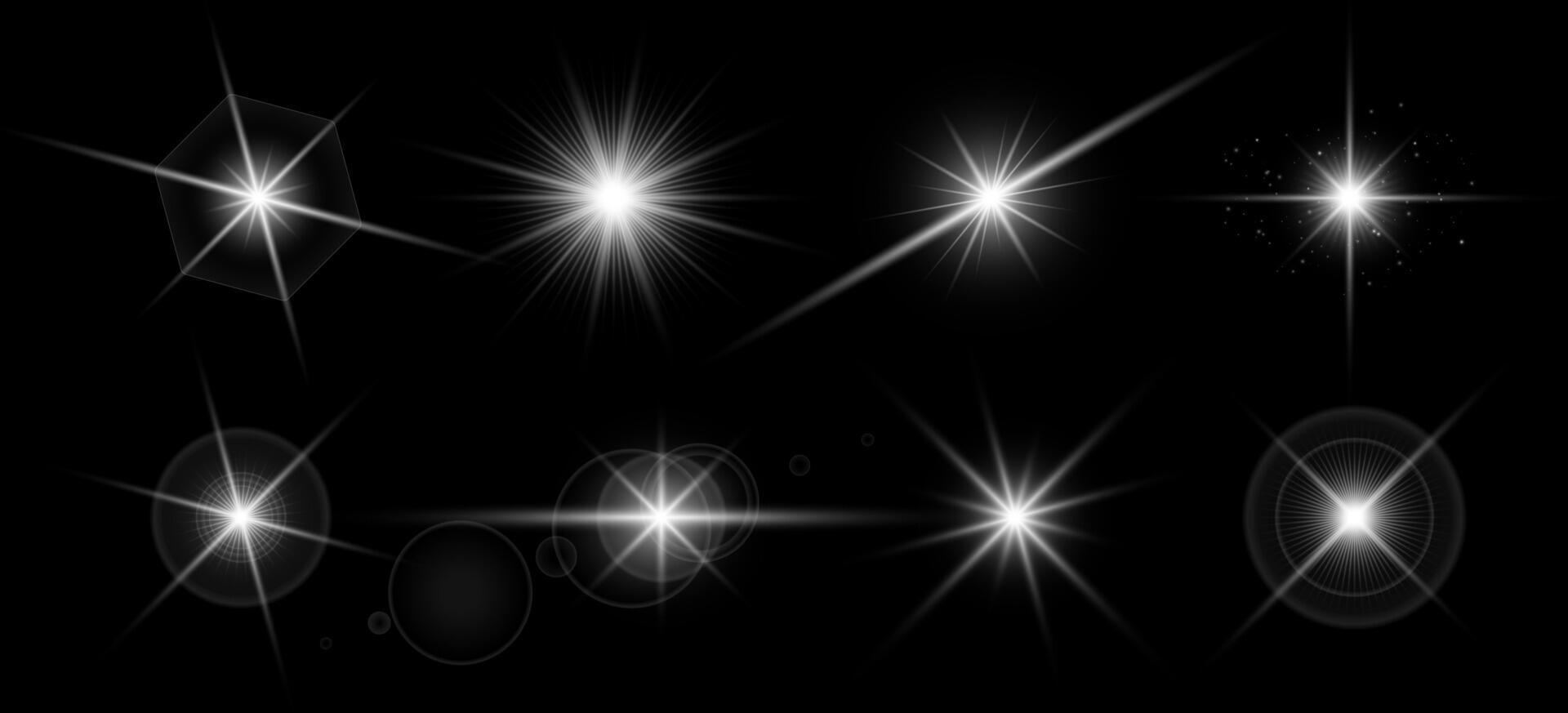 Glowing starburst with sparkling flare and radiant beams. Bright light effect with glitter, shine and sunray elements. Magical decorative design themes illustration vector