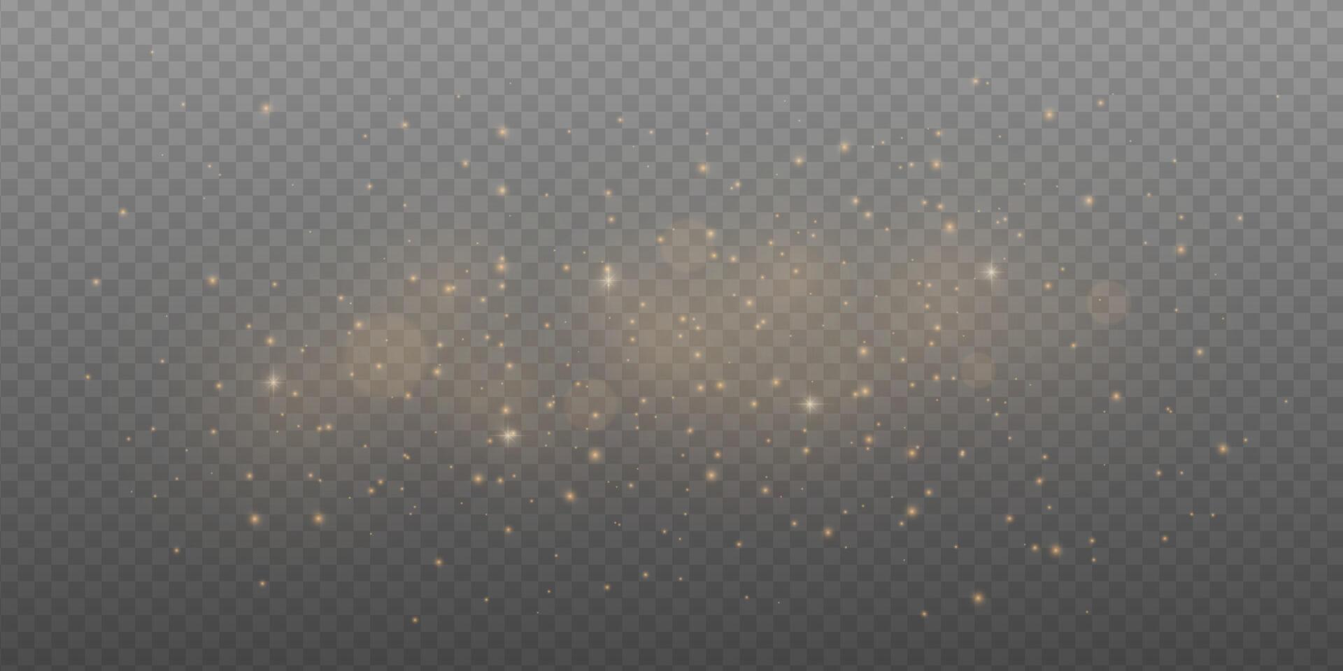 Golden glitter and light burst with sparkling star effect. Abstract festive background with shiny bokeh, magic glow and warm flare. dust particles and confetti for holiday or new year card. vector