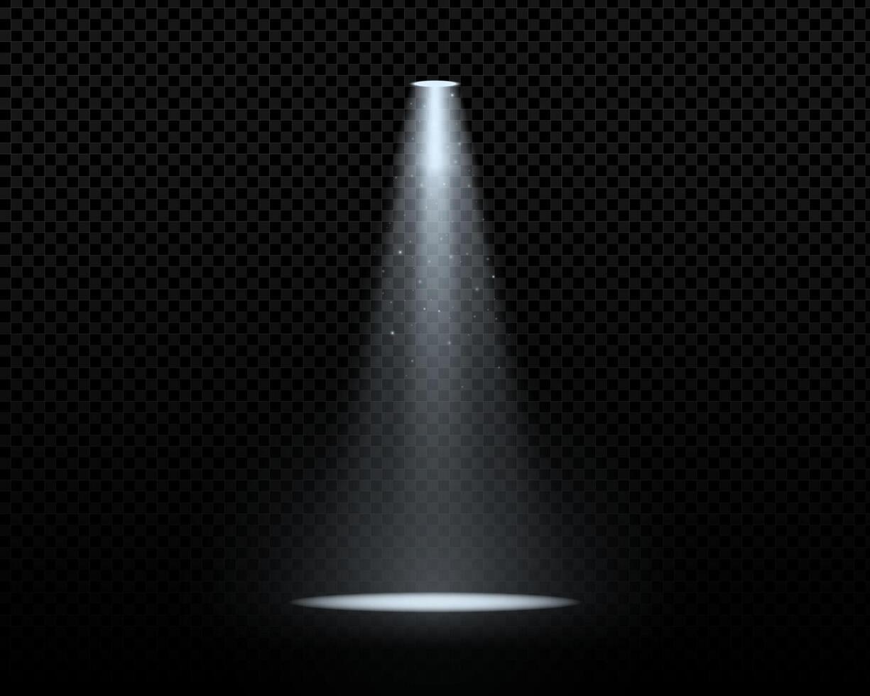 Bright spotlight beam on dark stage background. illustration of glowing light ray with projector effect. Ideal for concert, theater, party, or cinema scenes. Transparent and abstract design. vector