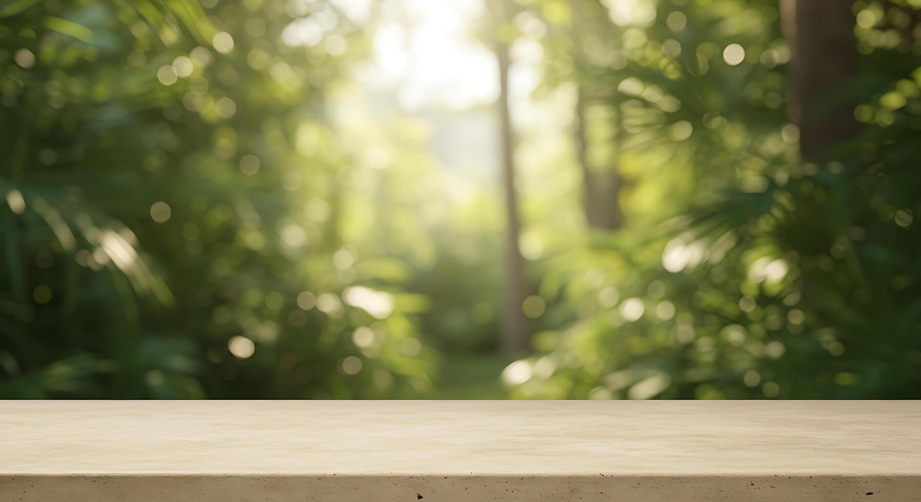 Empty table top in the middle of a green forest photo