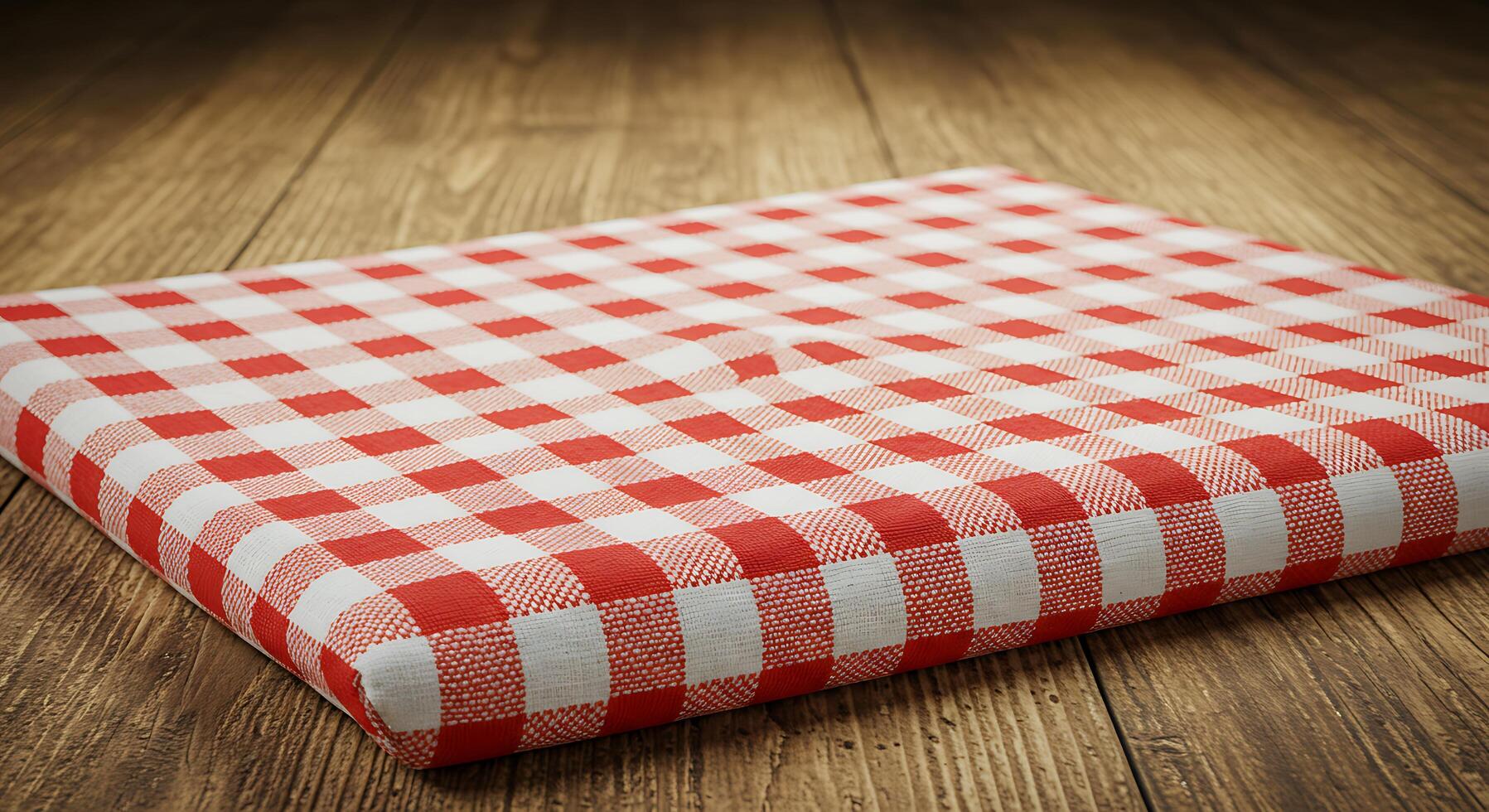 A red and white checkered tablecloth on a wooden floor photo