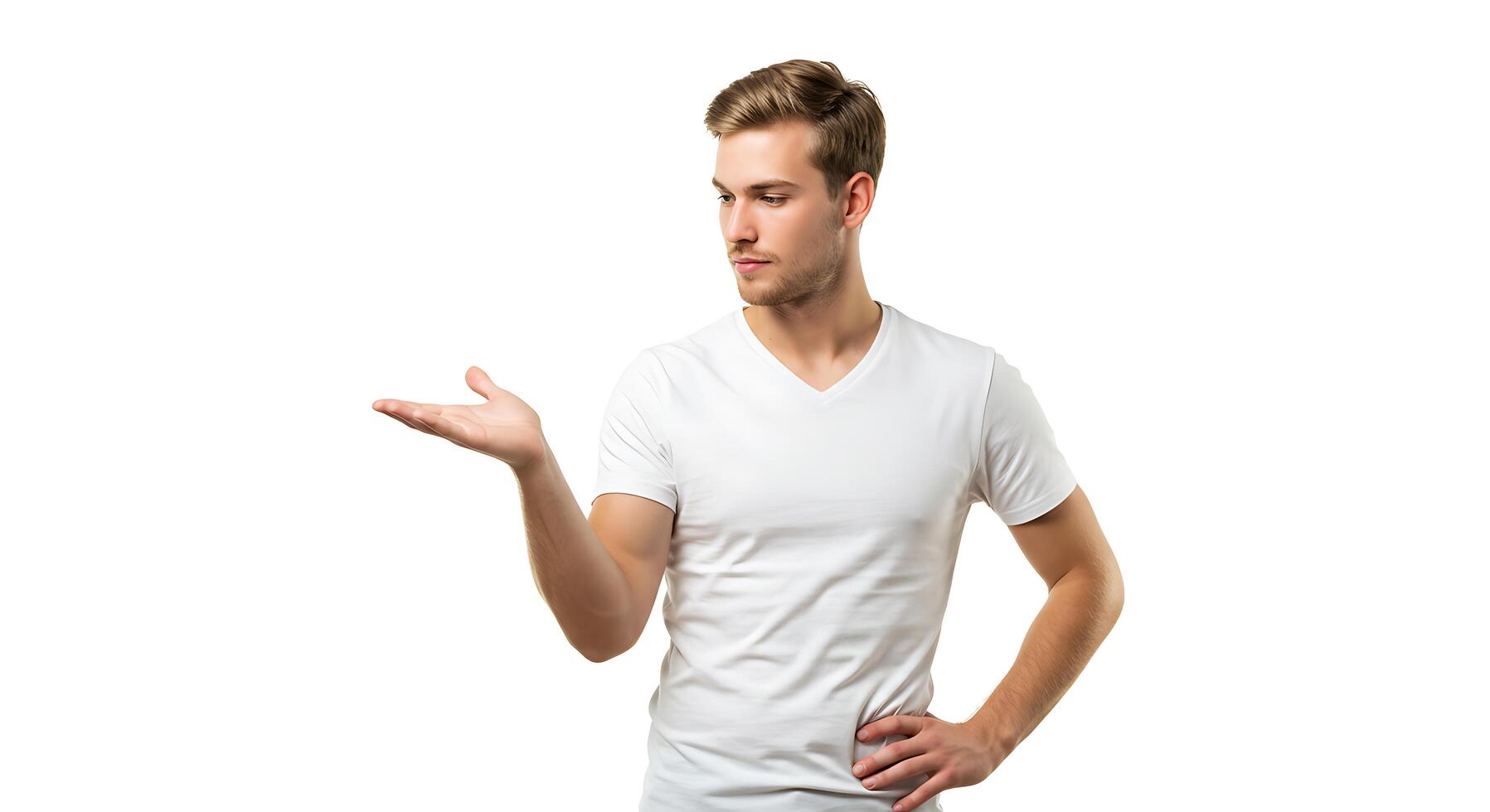 A man in a white t - shirt is holding something photo