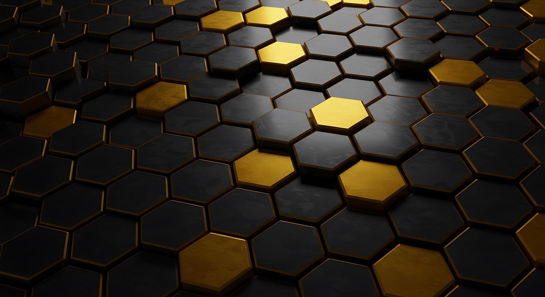 Golden hexagons on black background photo