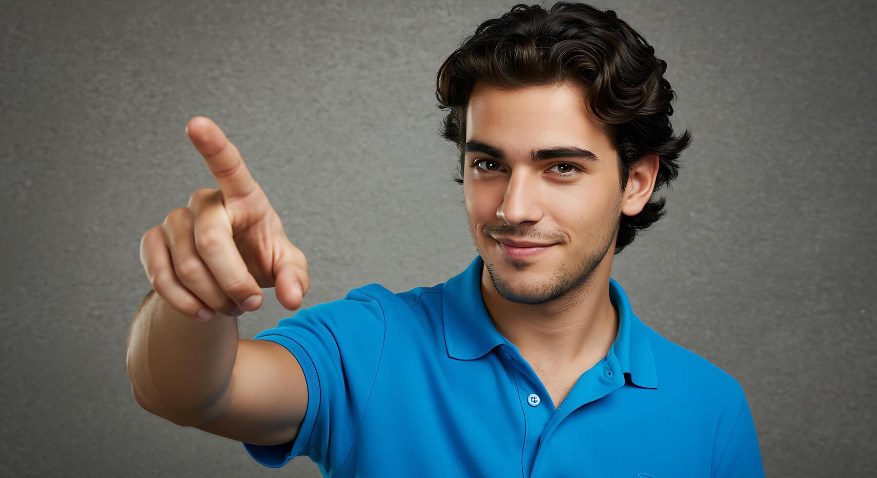 A man in a blue shirt pointing at something photo