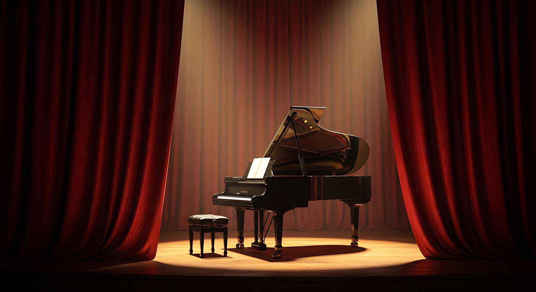 A grand piano sits in front of a red curtain photo