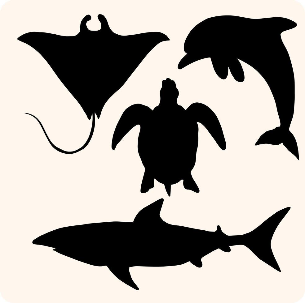 Sea Animal Silhouette Collection with background cream vector