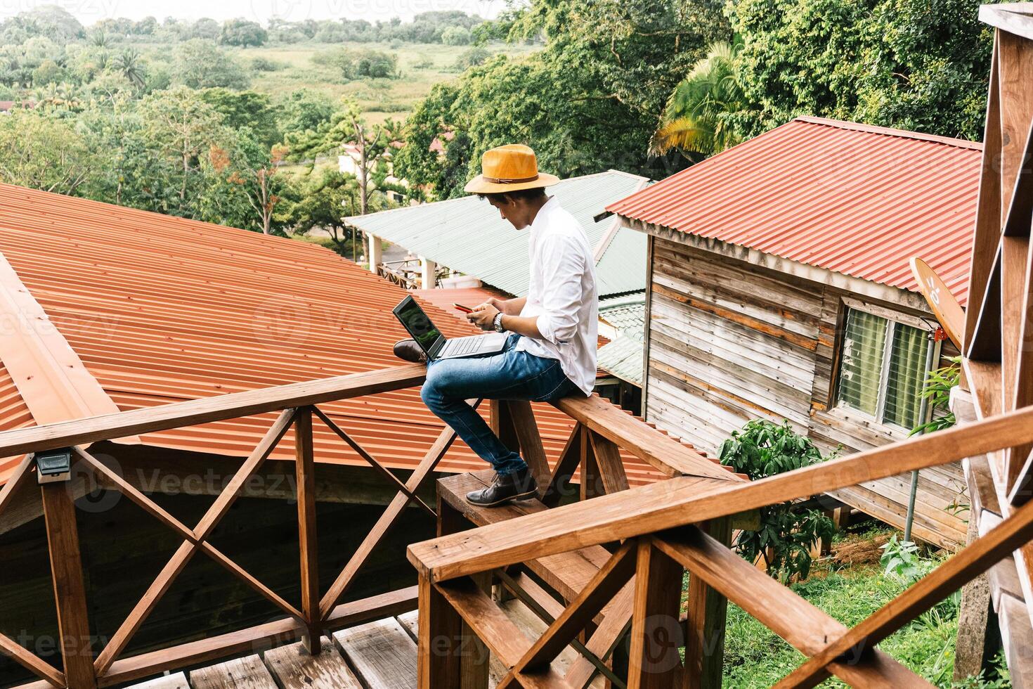 Remote work in a scenic forest setting photo