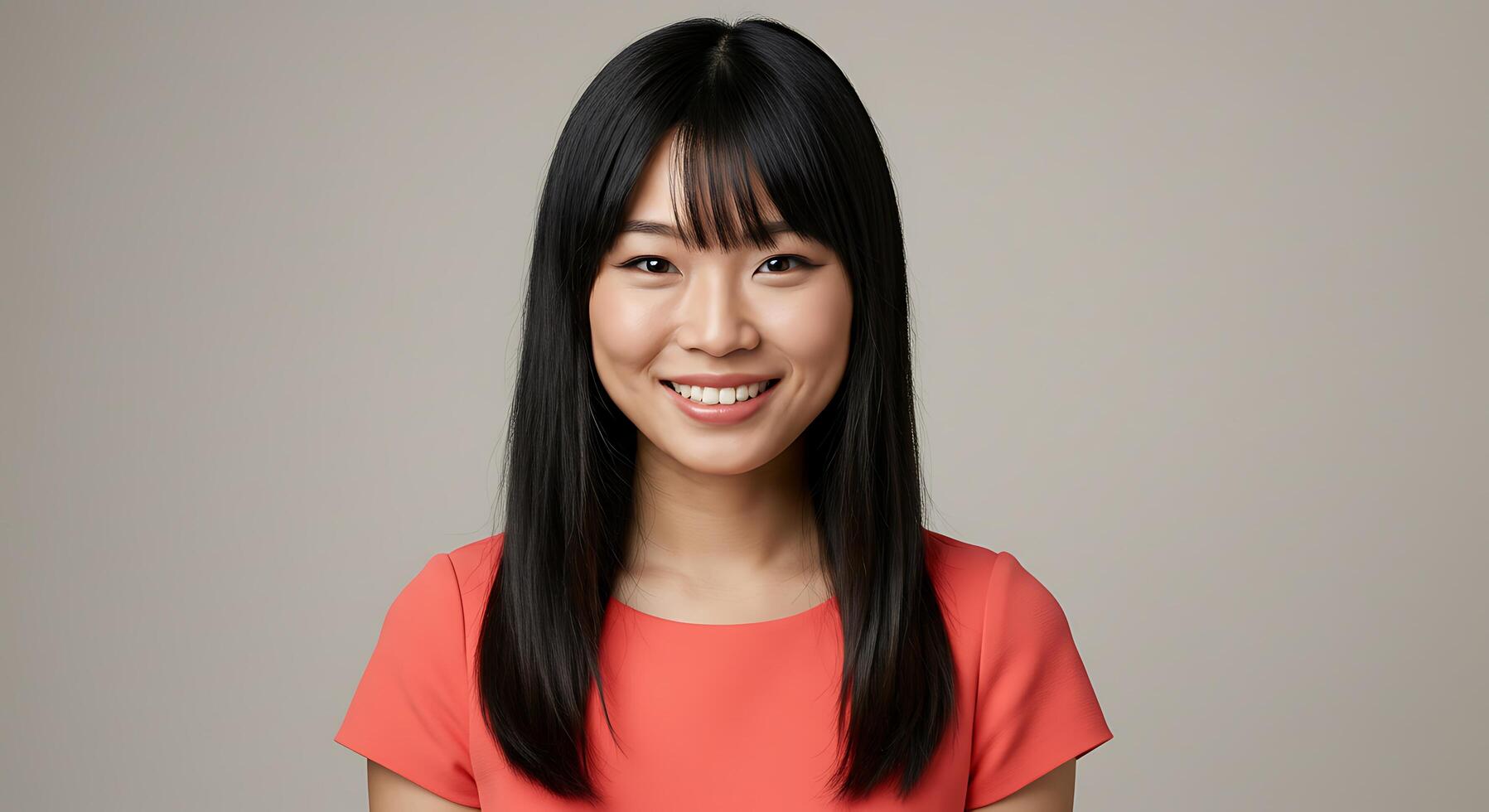 A woman with long black hair and a red shirt photo