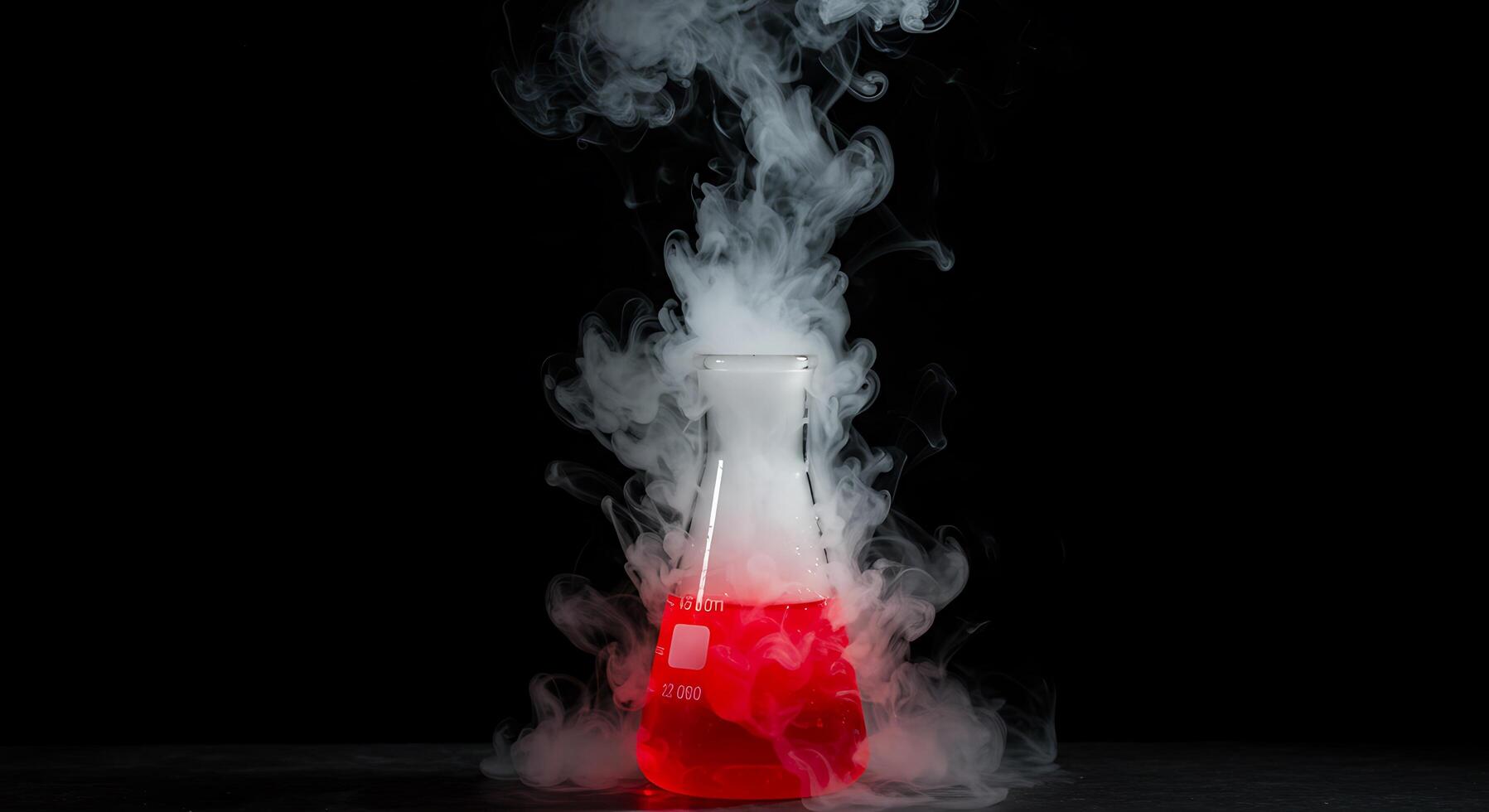 A red liquid is in a glass flask with smoke coming out photo
