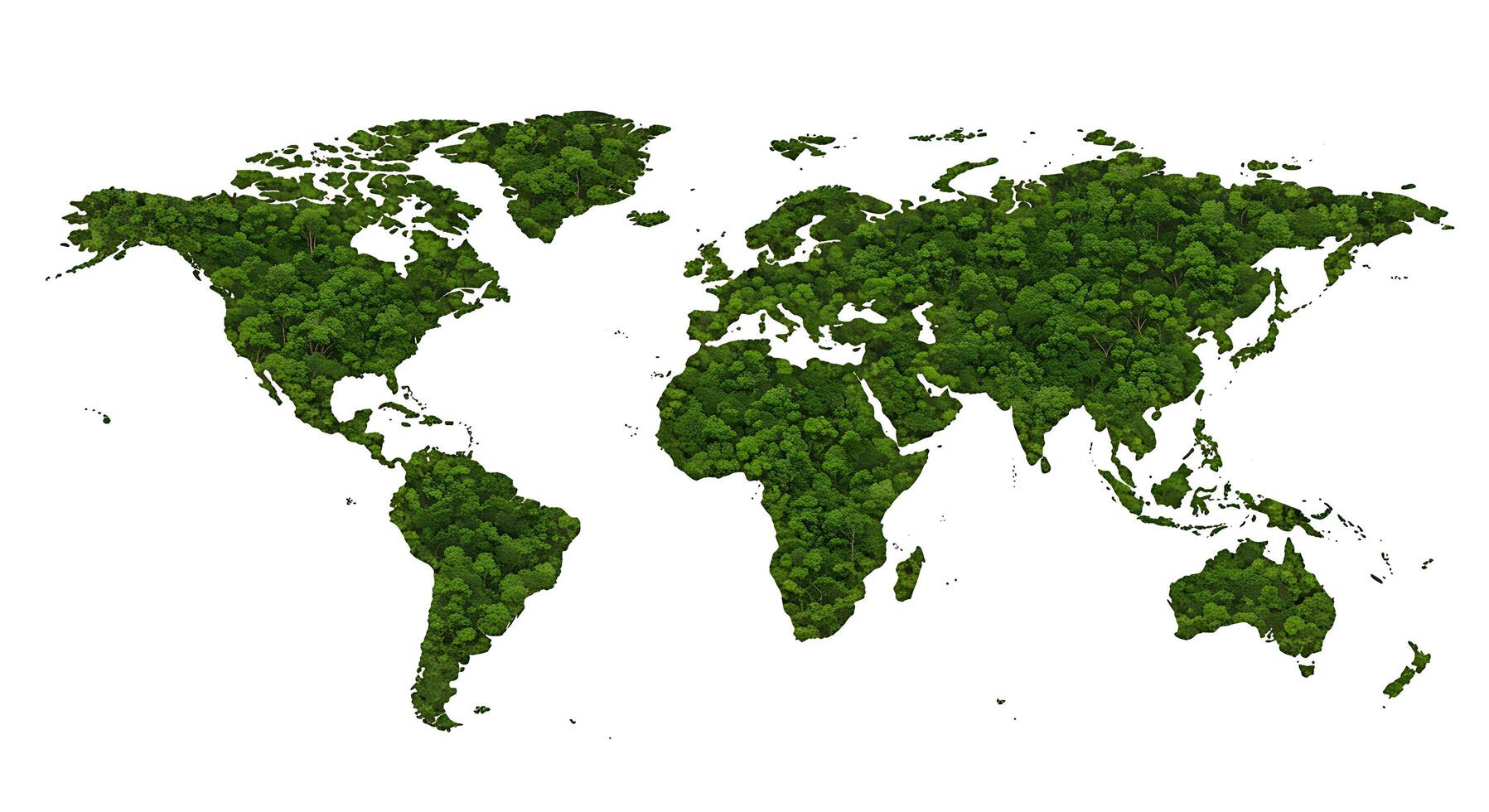 A green world map with the continents covered in green leaves photo