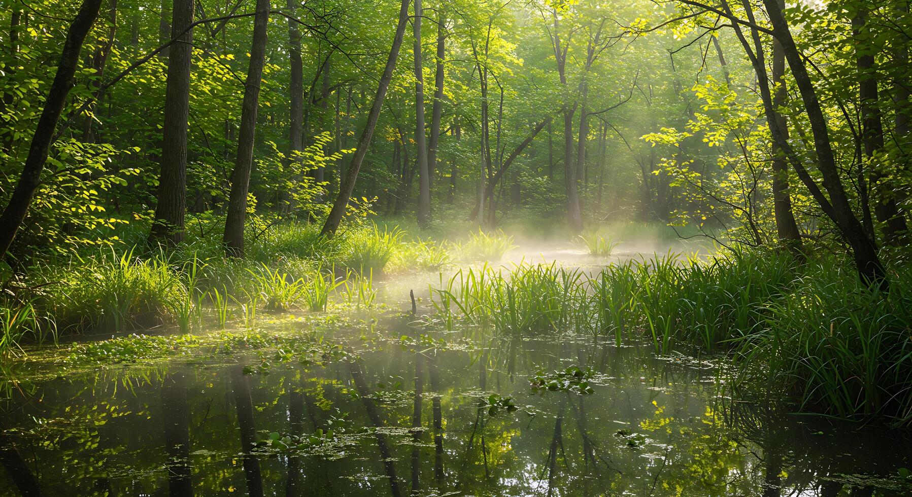 A river in a forest with trees and grass photo